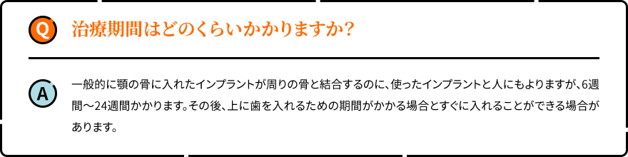 治療期間はどのくらいかかりますか？ 一般的に顎の骨に入れたインプラントが周りの骨と結合するのに、使ったインプラントと人にもよりますが、6週間～24週間かかります。その後、上に歯を入れるための期間がかかる場合とすぐに入れることができる場合があります。