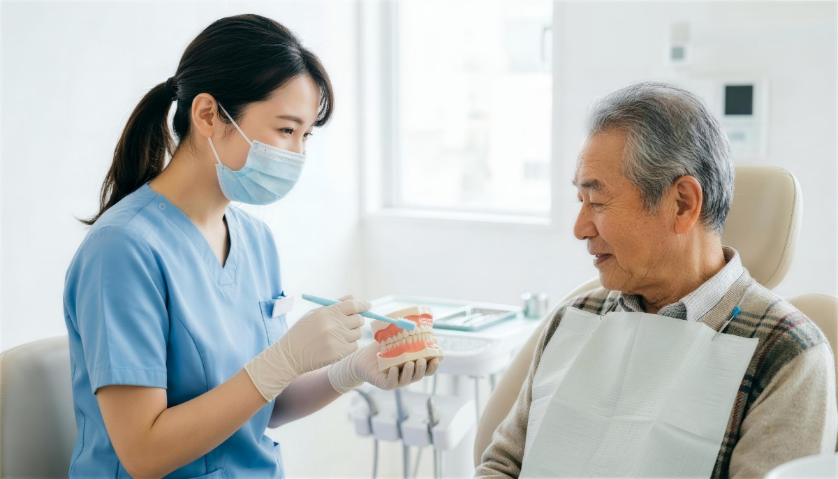 歯周病の進行を防ぐために歯科医院でブラッシング指導をしている様子