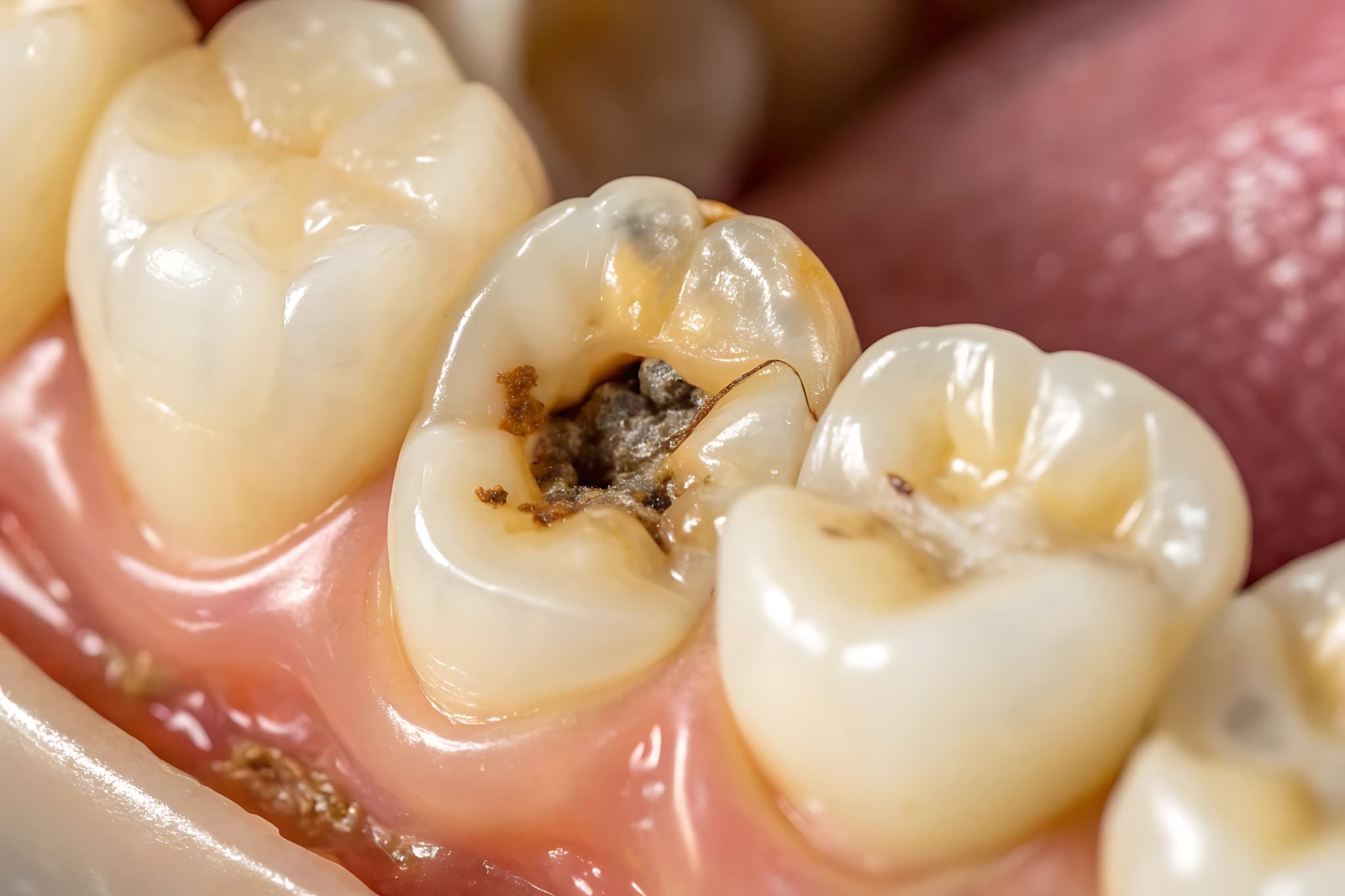 虫歯が進行して歯に穴があいた様子